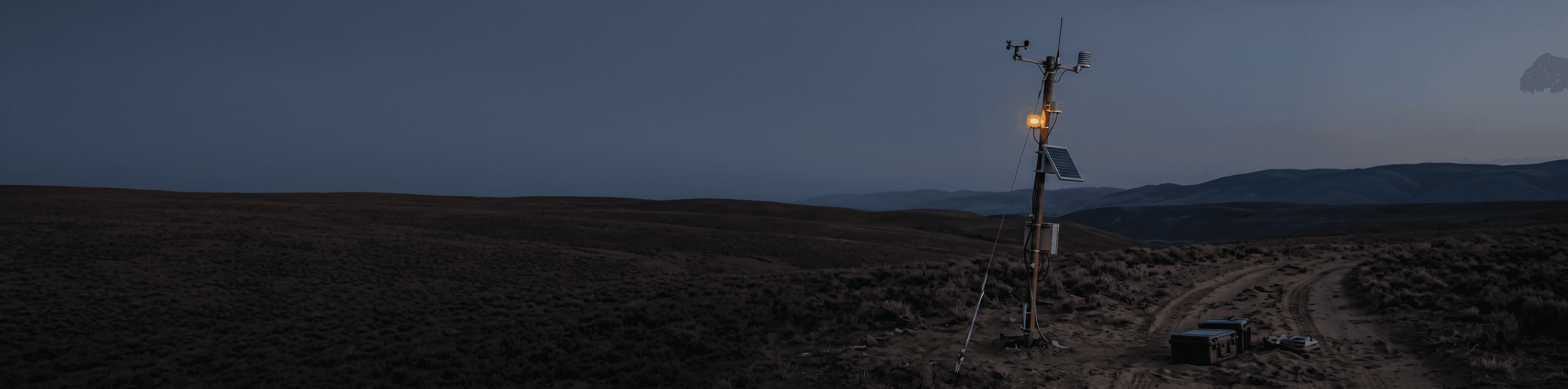 Remote off-grid field sensor station on a solar-powered pole at dusk