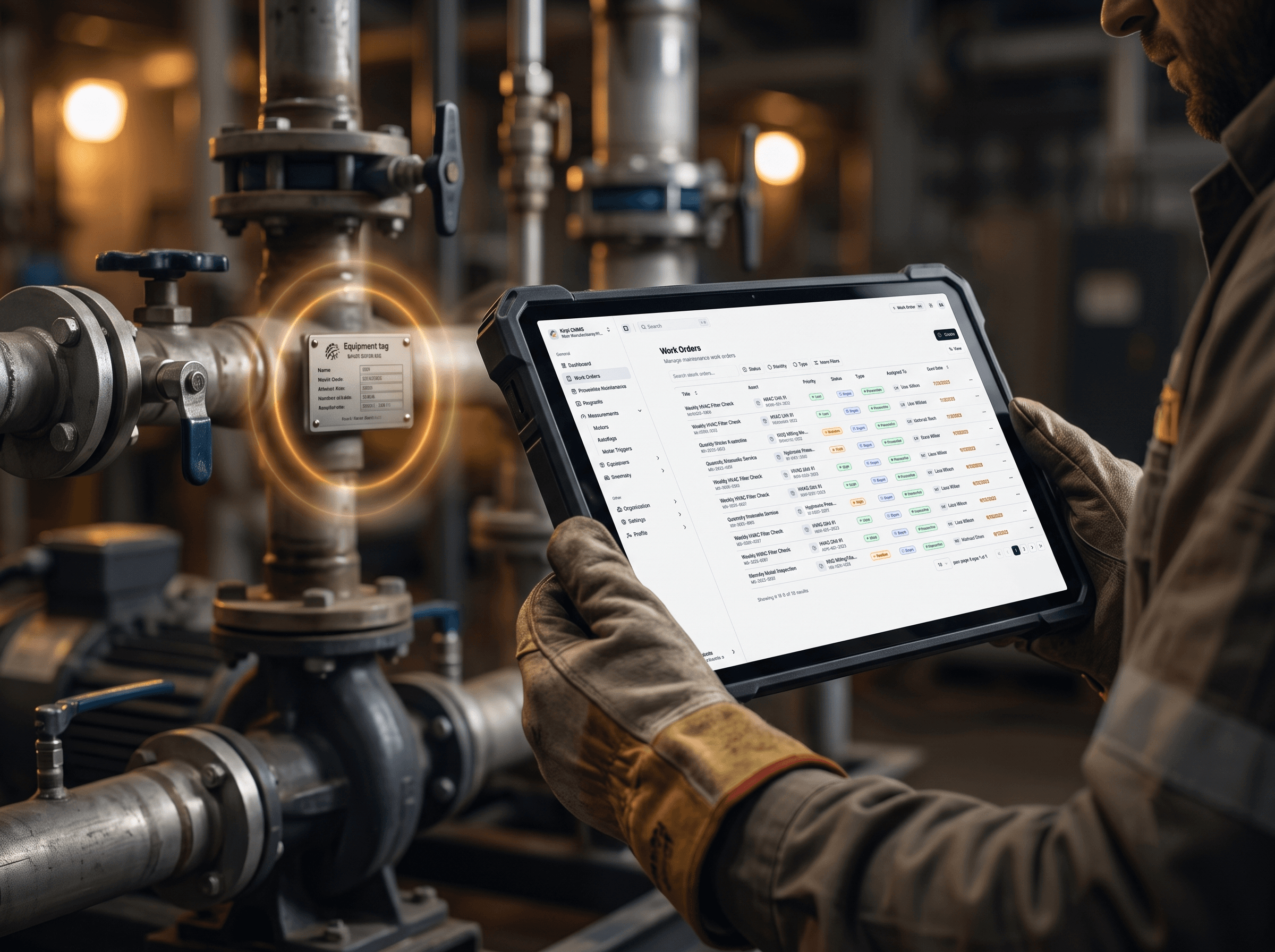 Maintenance technician viewing the Kirpi work-order queue on a rugged tablet