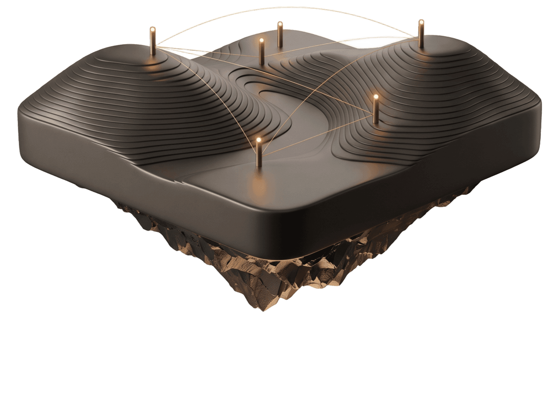 Futuristic floating terrain model with glowing golden beacons linked by light threads, representing Solent's connected end-to-end technology