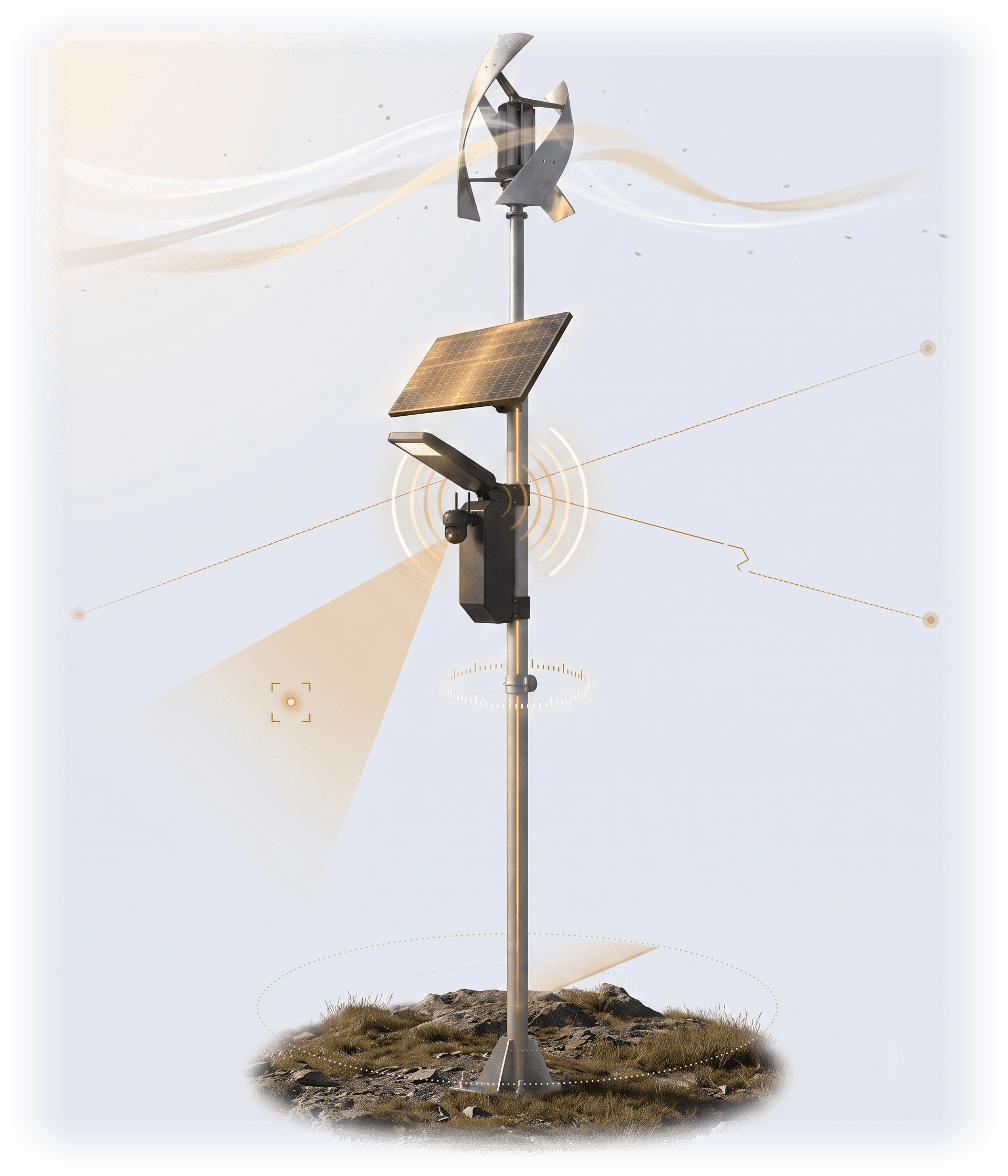 Solar- and wind-powered autonomous surveillance pole with camera, mesh connectivity links, and a motion-detection zone
