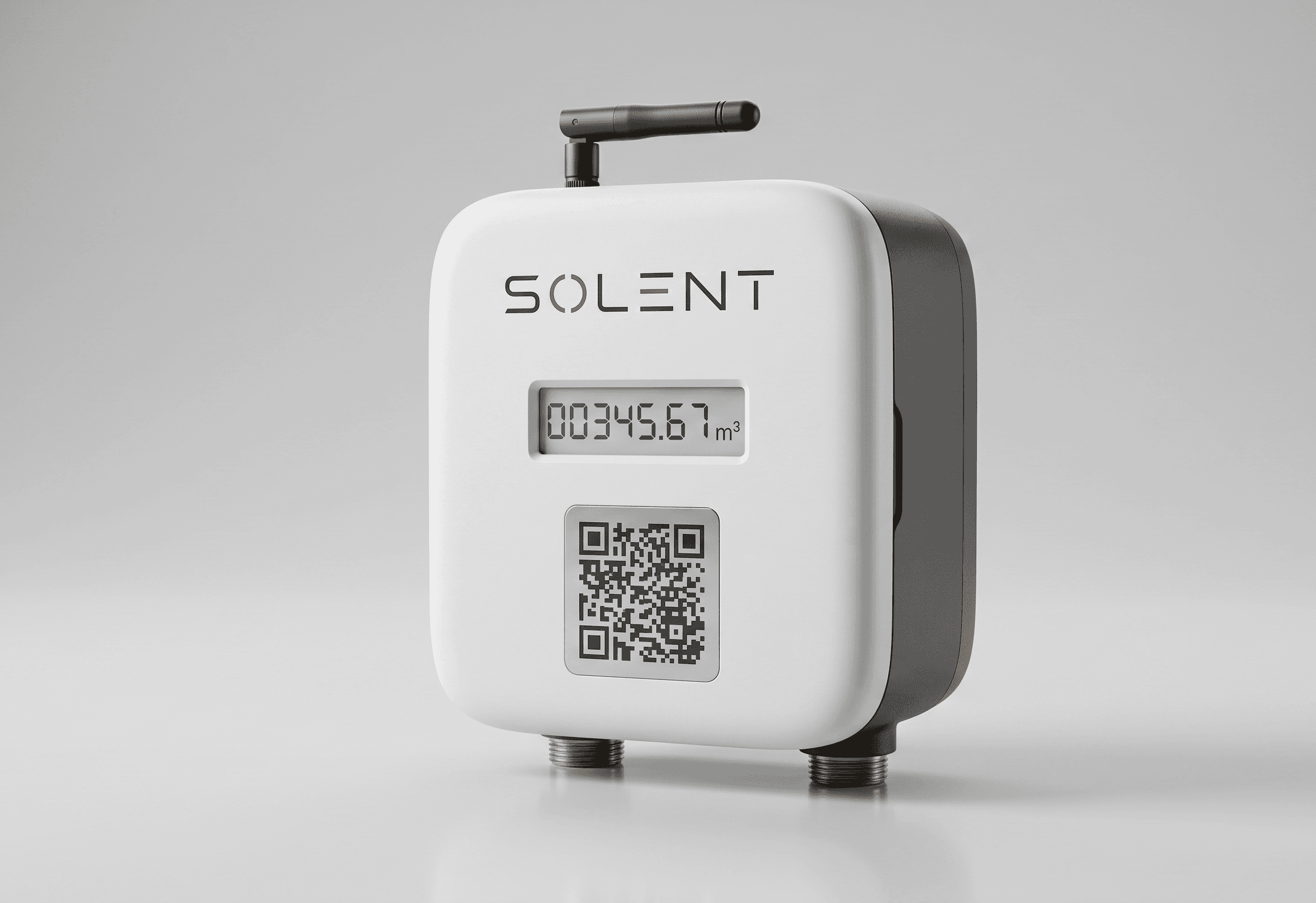 Solent smart water meter with a live consumption readout and a scannable QR identity plate