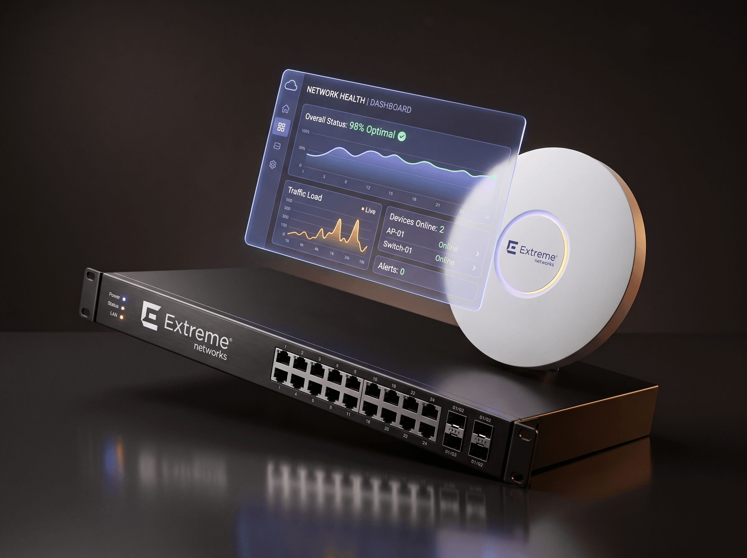 Üzerinde canlı bir ağ sağlığı panosu süzülen Extreme Networks anahtarı ve erişim noktası