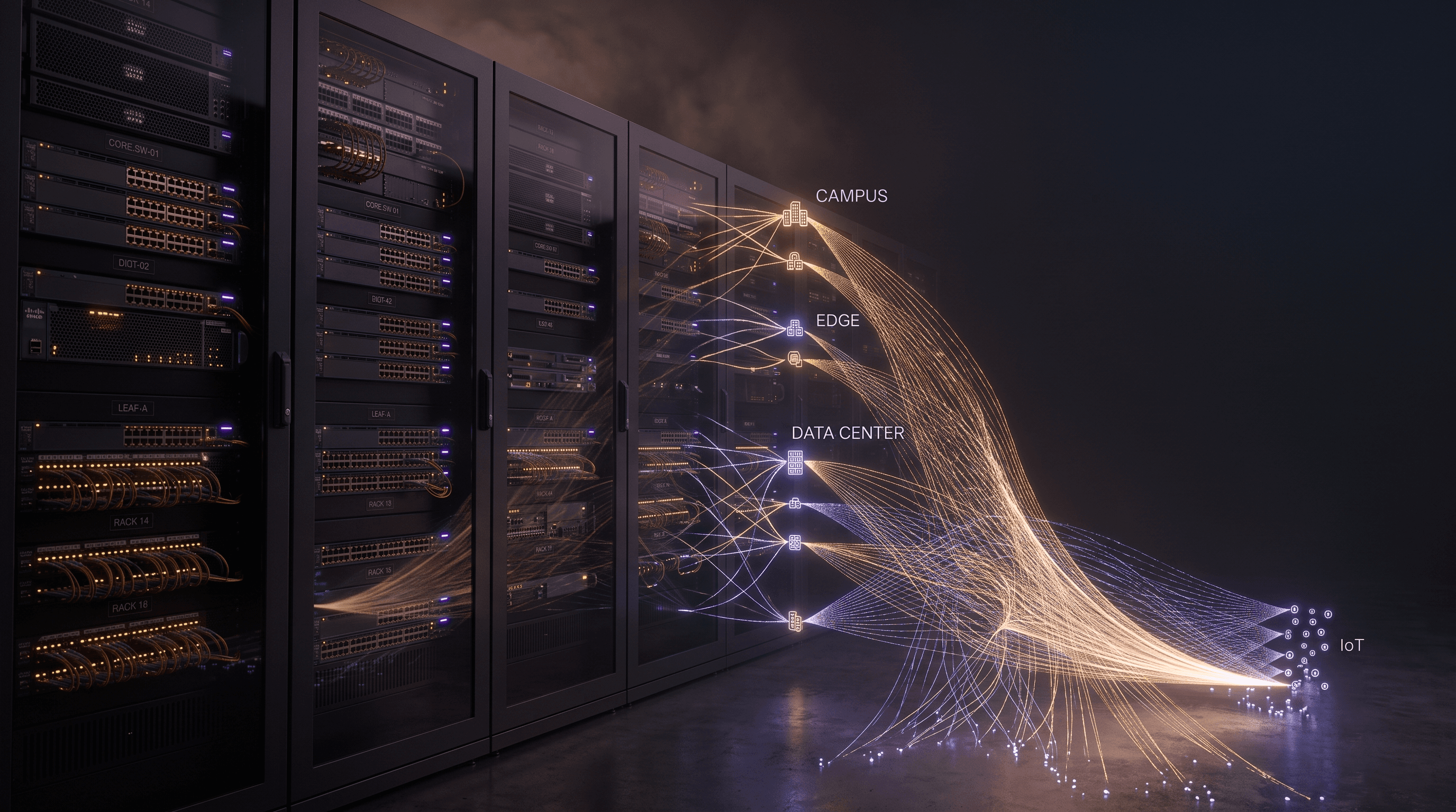 Kampüs, uç, veri merkezi ve IoT alanlarında birleşen parlayan fiber izleriyle veri merkezi anahtar rafları