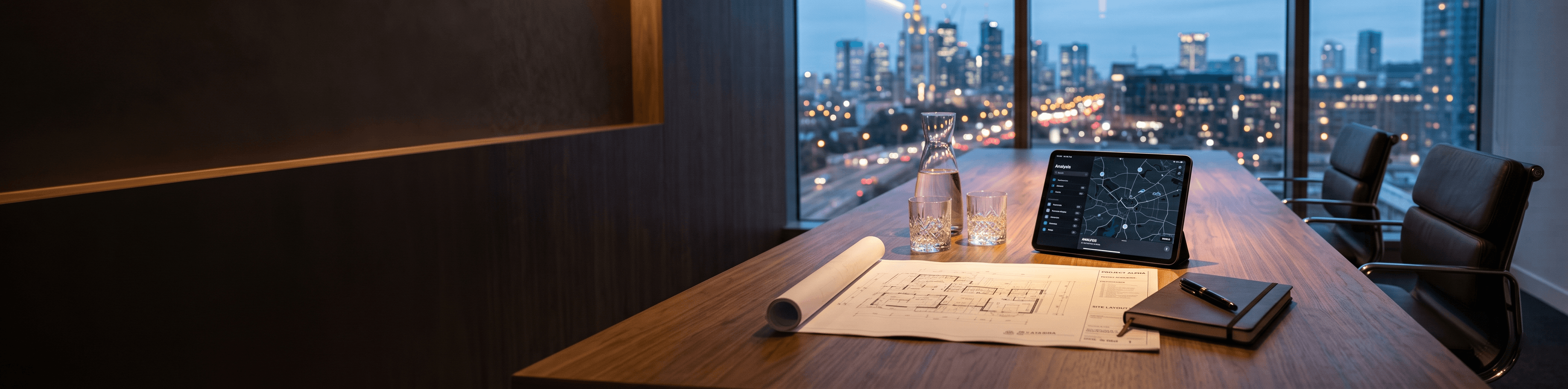 Boardroom table with a site analysis app open on a tablet, blueprints, and a city skyline at dusk