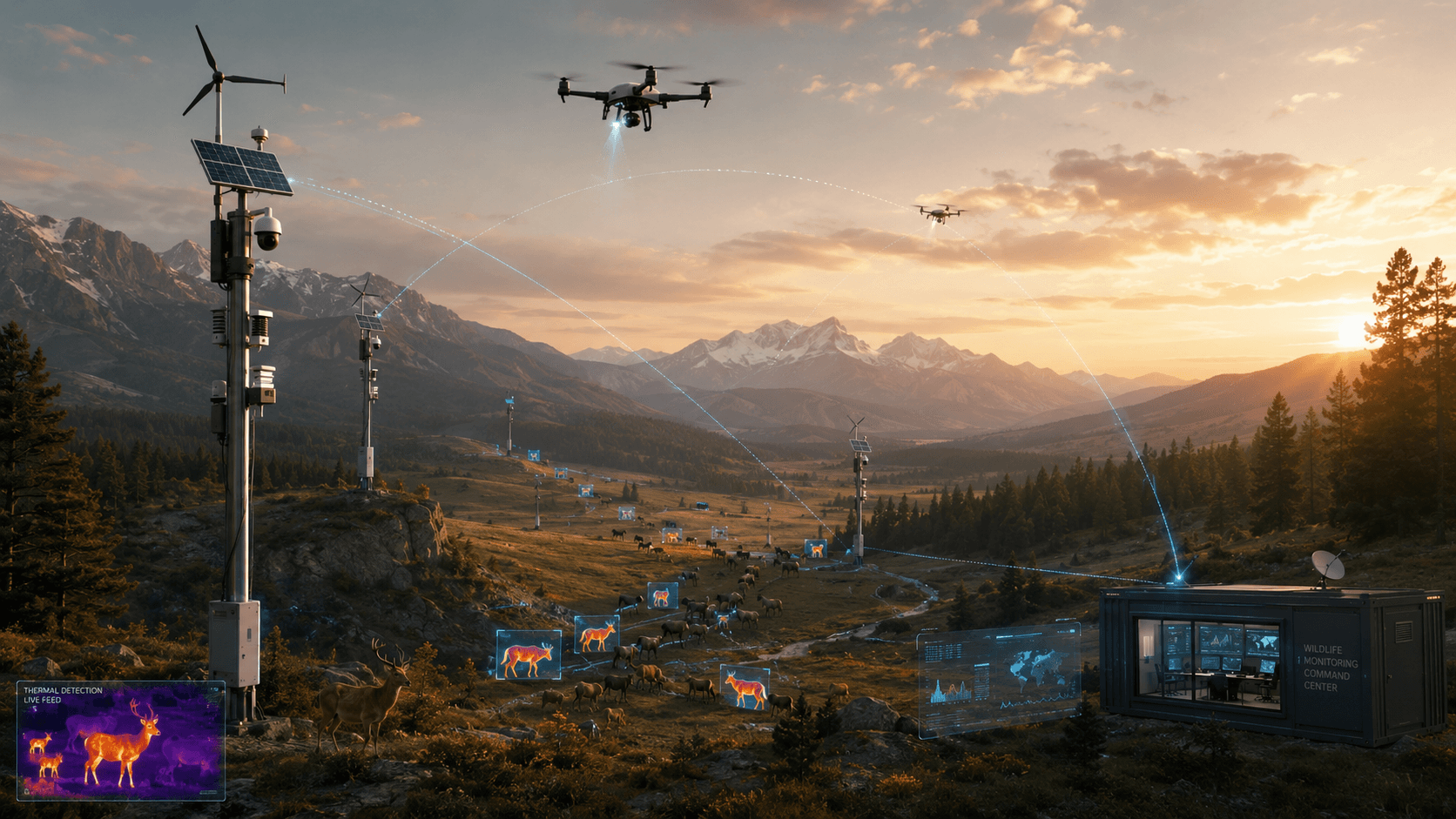 Alacakaranlıkta termal imzayla bir yaban hayatı sürüsünü izleyen, devriye drone'ları ve bir yaban hayatı izleme komuta konteyneri olan güneş-rüzgar izleme direkleri