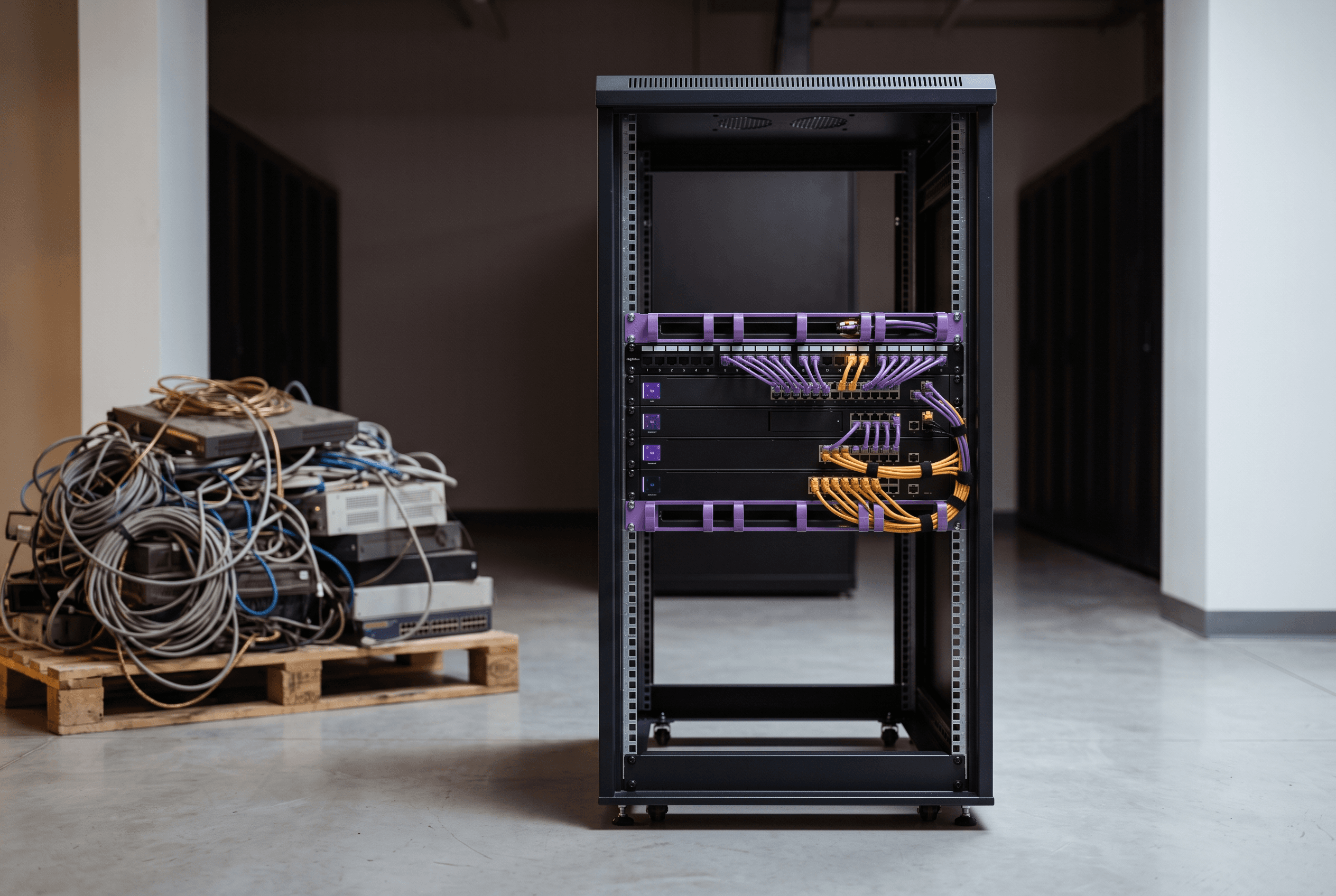 A single organized equipment rack beside a pallet of the old sprawling hardware it replaced