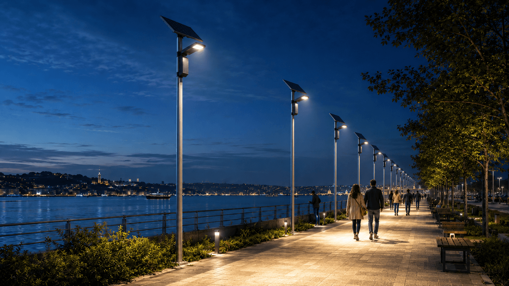 Autonomous solar street lighting pole on a municipal boulevard