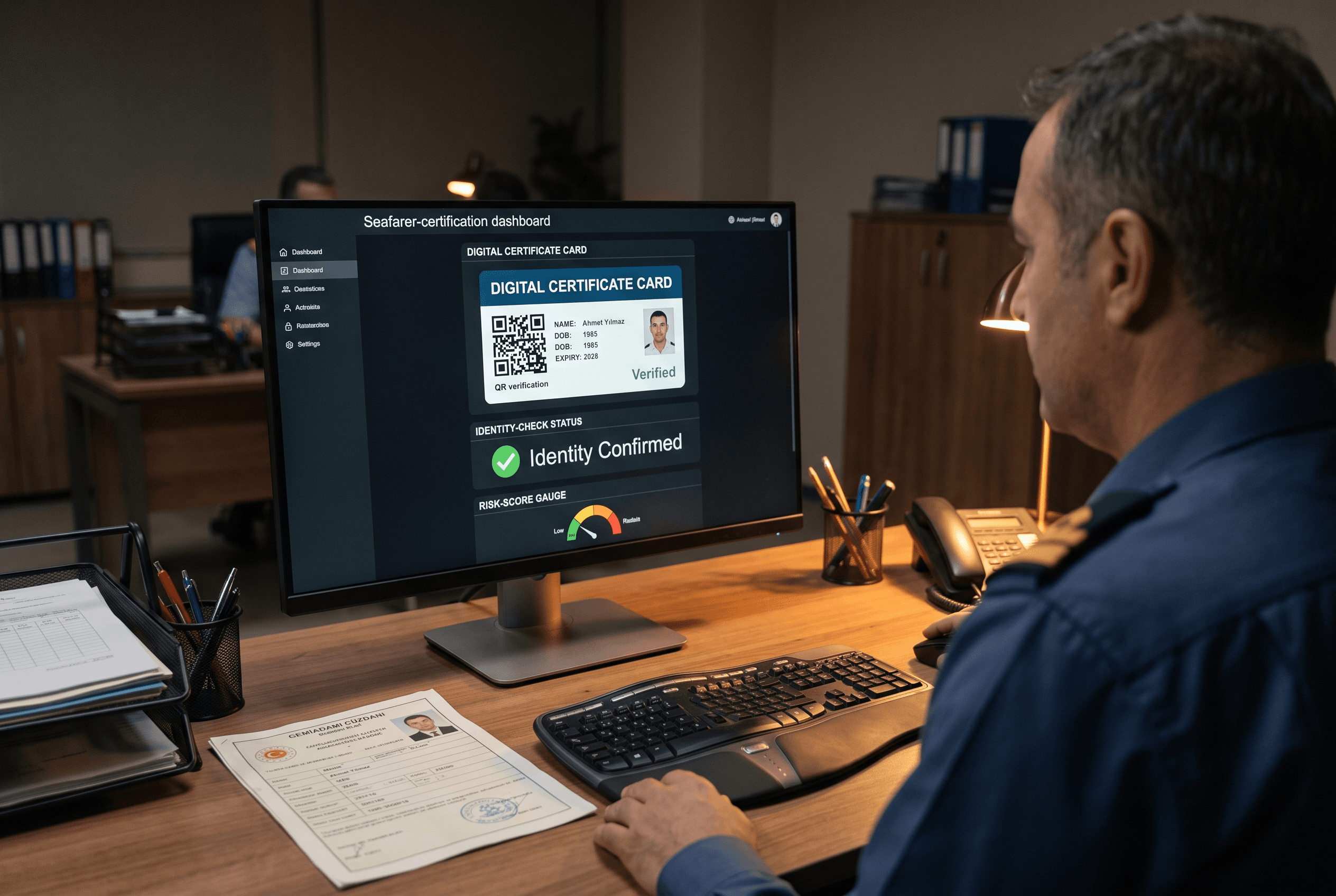 A maritime authority officer verifying a seafarer digital certificate at his desk