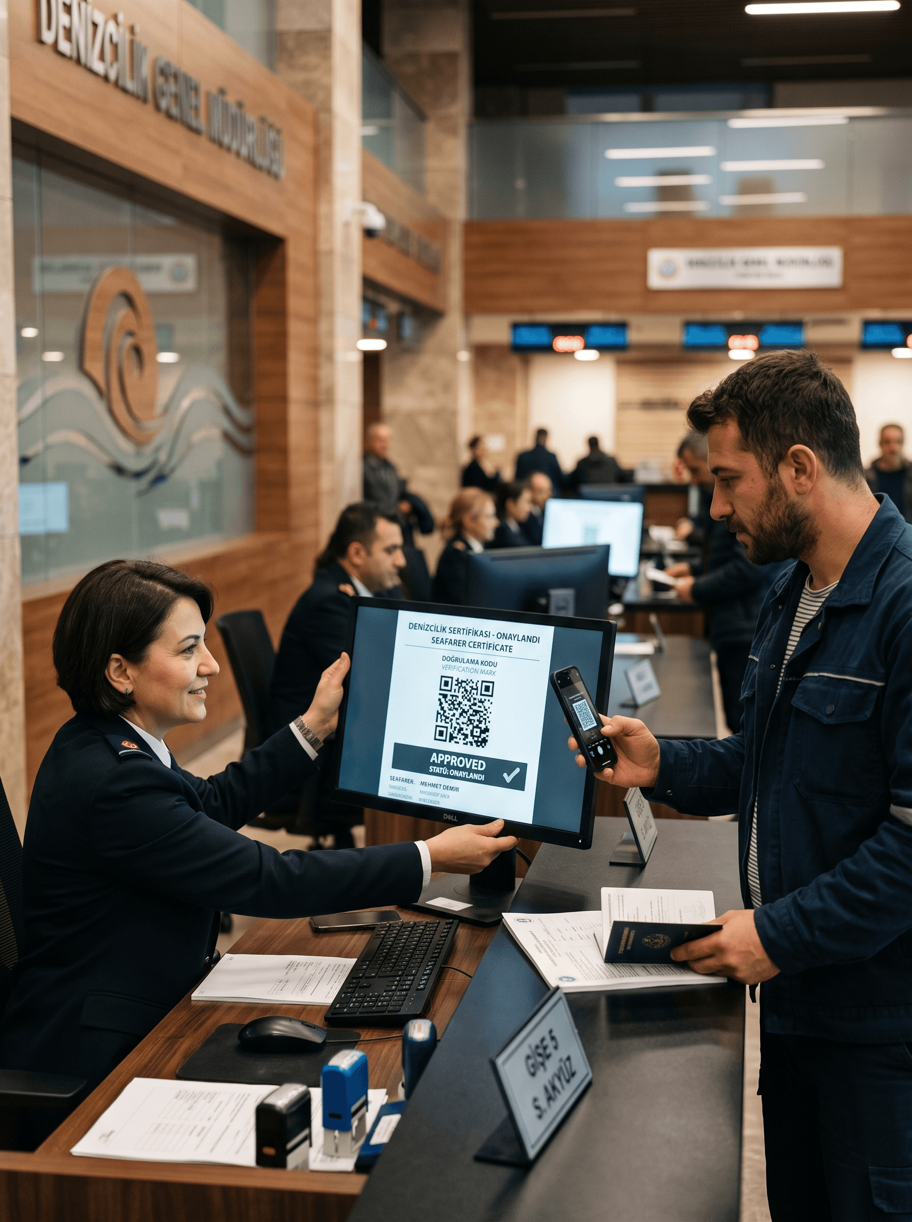 Bir denizcilik kurumu yetkilisinin masasında gemi adamının dijital sertifikasını doğrulaması