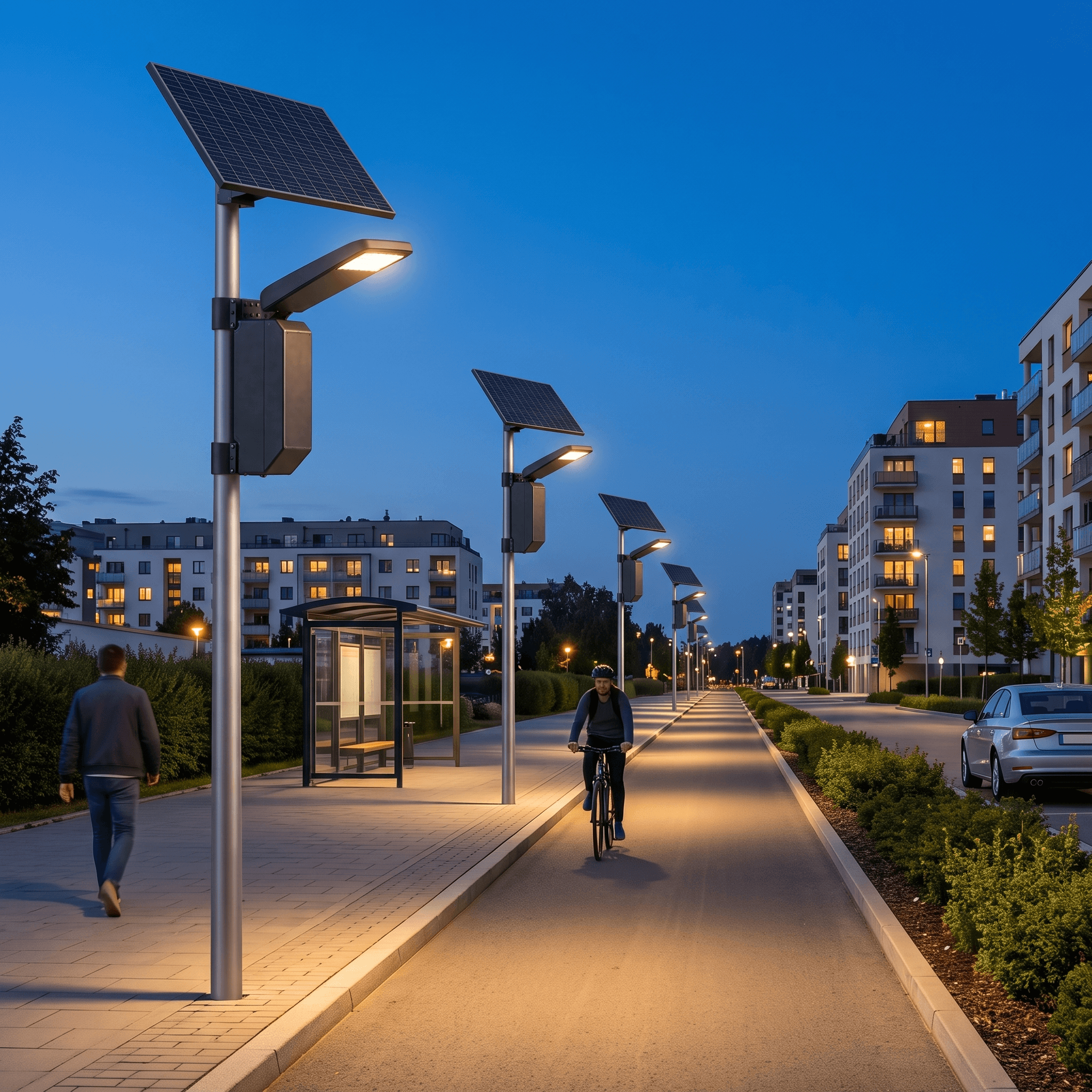 Bir belediye bulvarında otonom güneş enerjili sokak aydınlatma direği