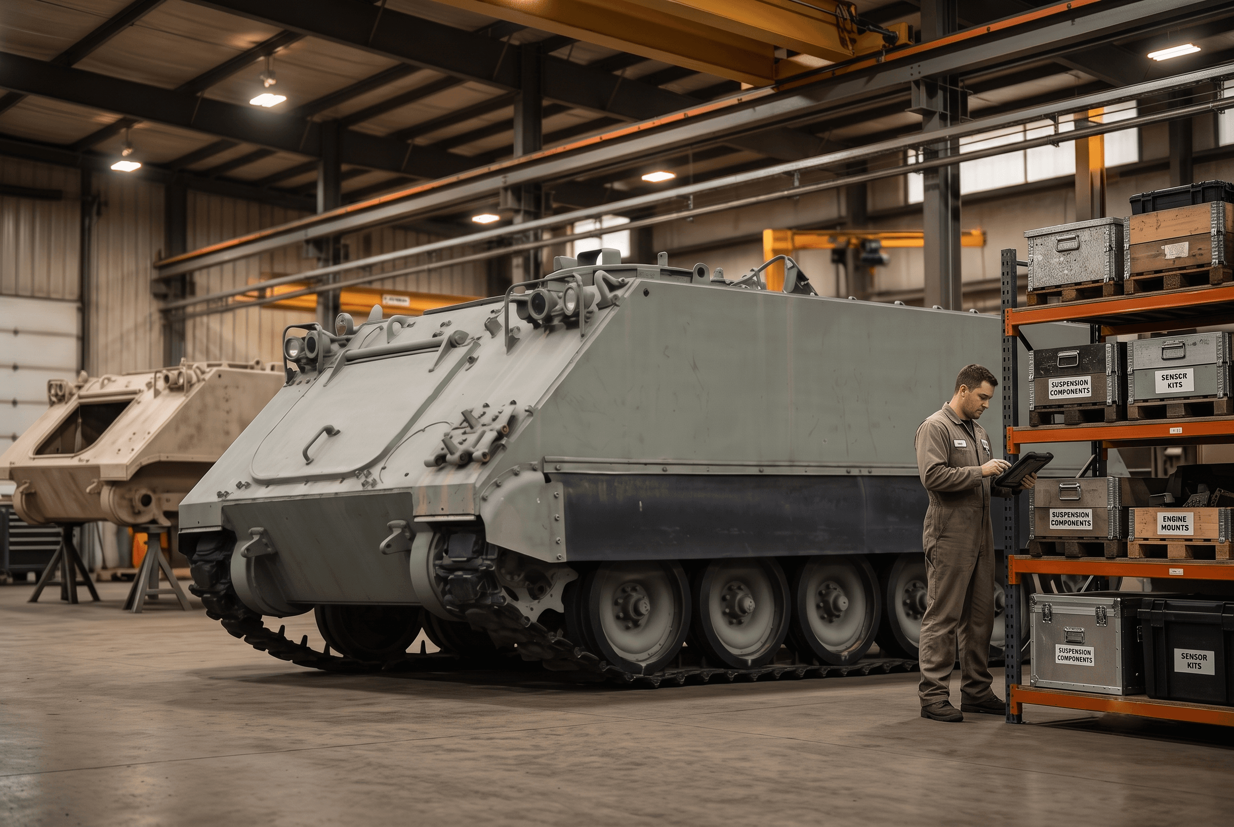 Корпус M113 в процессе модернизации на ремонтном объекте, техник проверяет инвентарь деталей