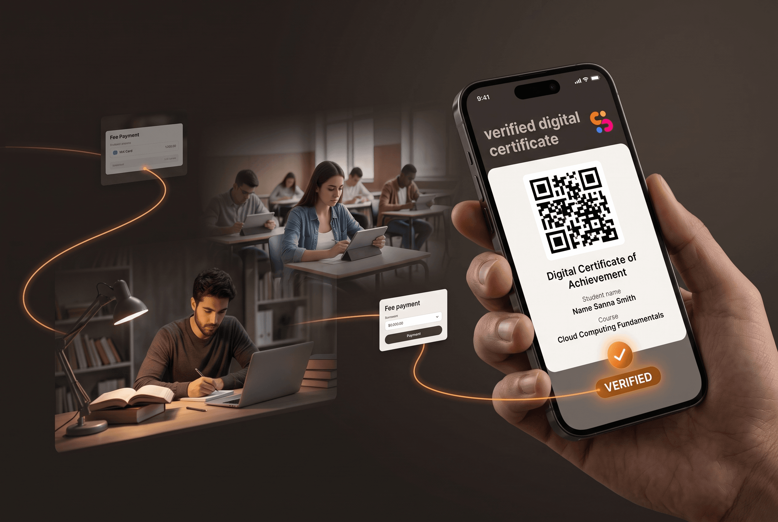Öğrenci ücret ödemesi ve sınav adımlarının bir telefonda QR kodlu doğrulanmış dijital sertifikaya akışı
