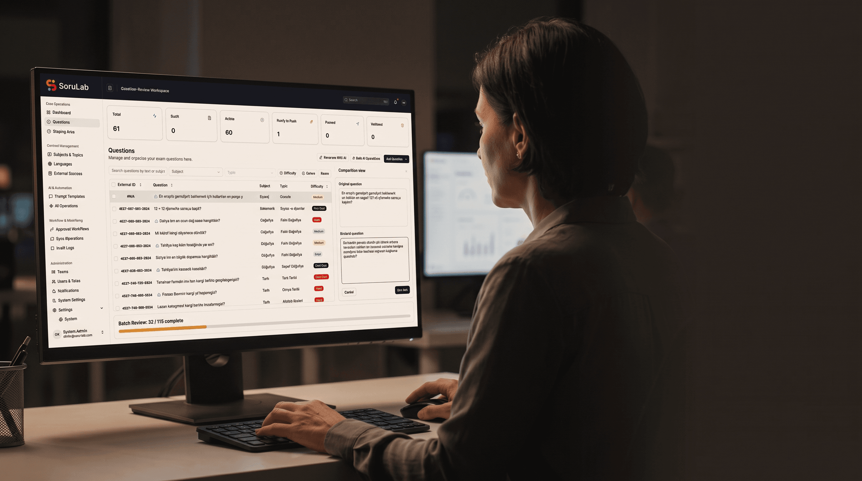 İki monitörde SoruLab toplu soru inceleme çalışma alanını inceleyen sınav kurumu analisti