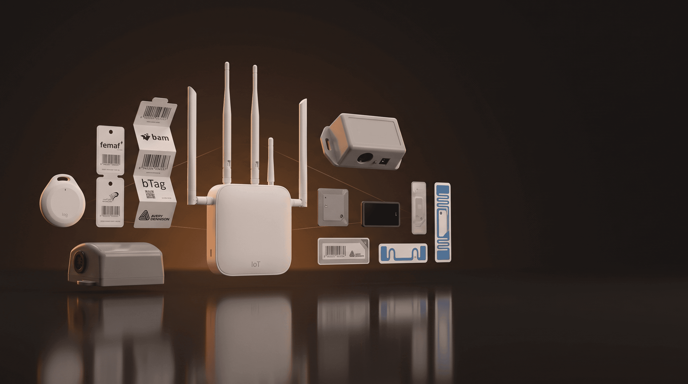 Bir ürün ailesi olarak düzenlenmiş beacon, IoT gateway, e-raf etiketleri ve RFID etiketleri