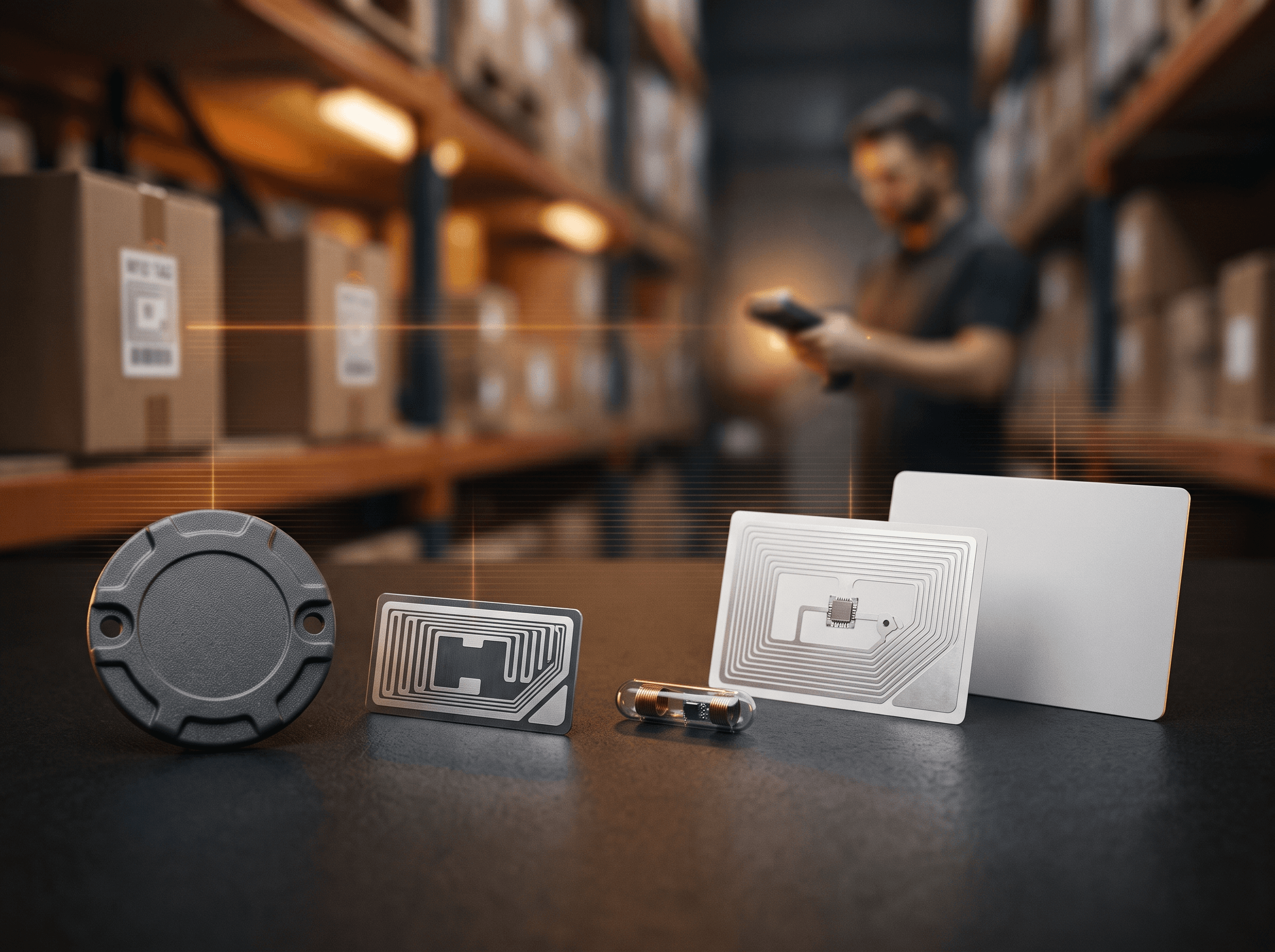 Arka planda bir depo çalışanının stoku taradığı bir masada çeşitli form faktörlerinde RFID etiketleri