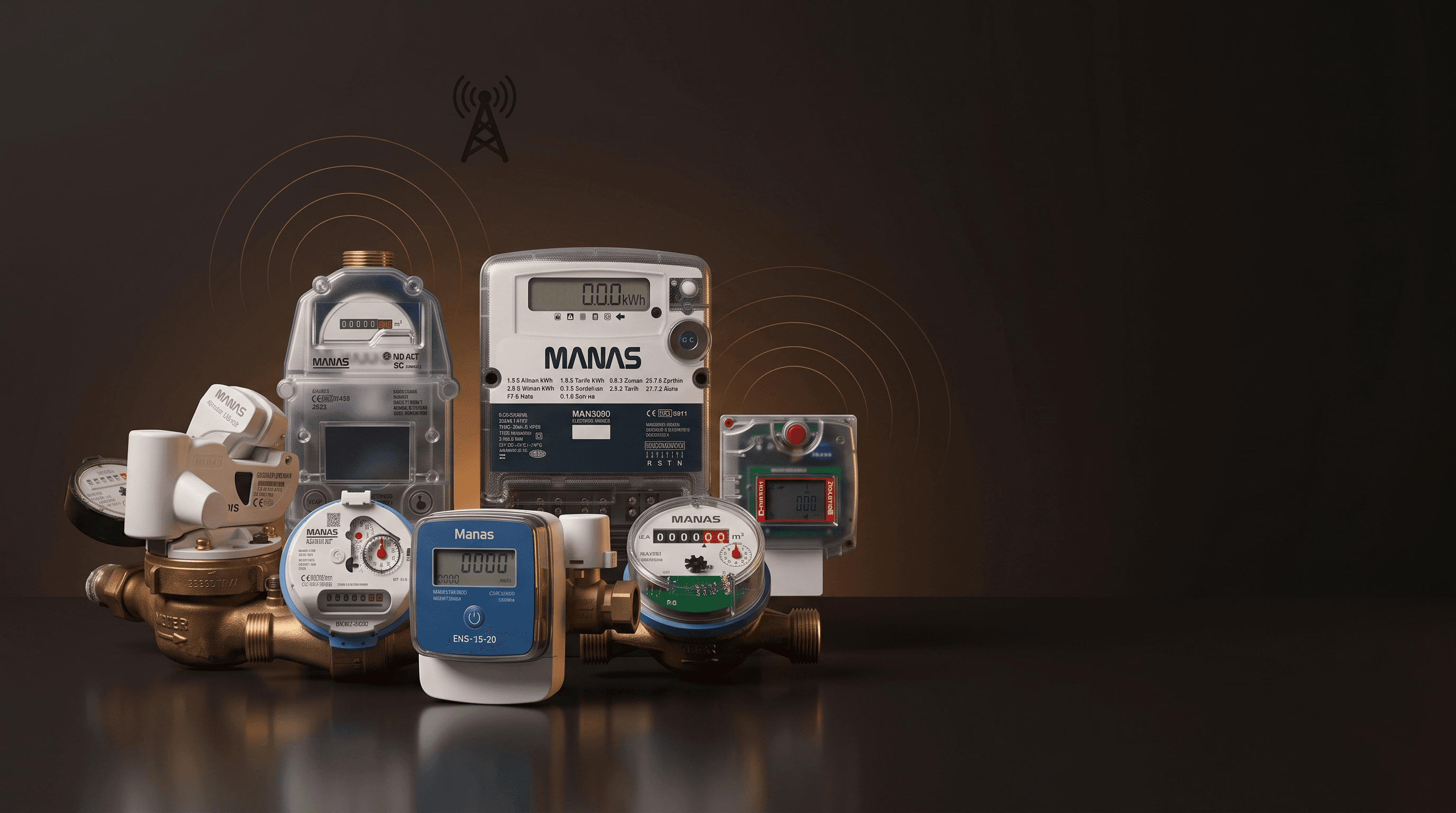 Линейка умных счётчиков воды, газа и электричества с мотивом сигнала NB-IoT
