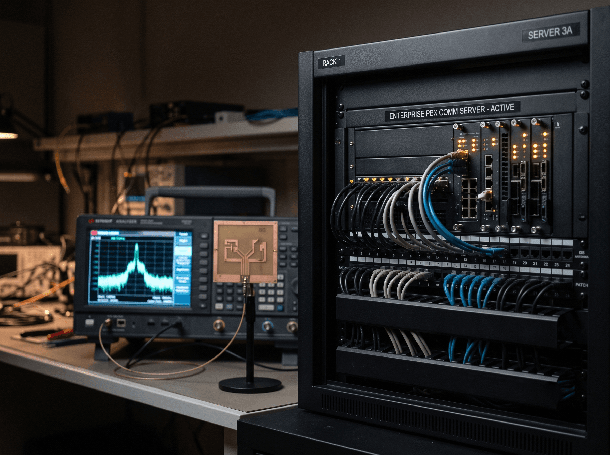 Bir spektrum analizörü ve anten PCB'si olan bir 5G Ar-Ge laboratuvarı tezgahının yanında kurumsal santral iletişim sunucu rafı