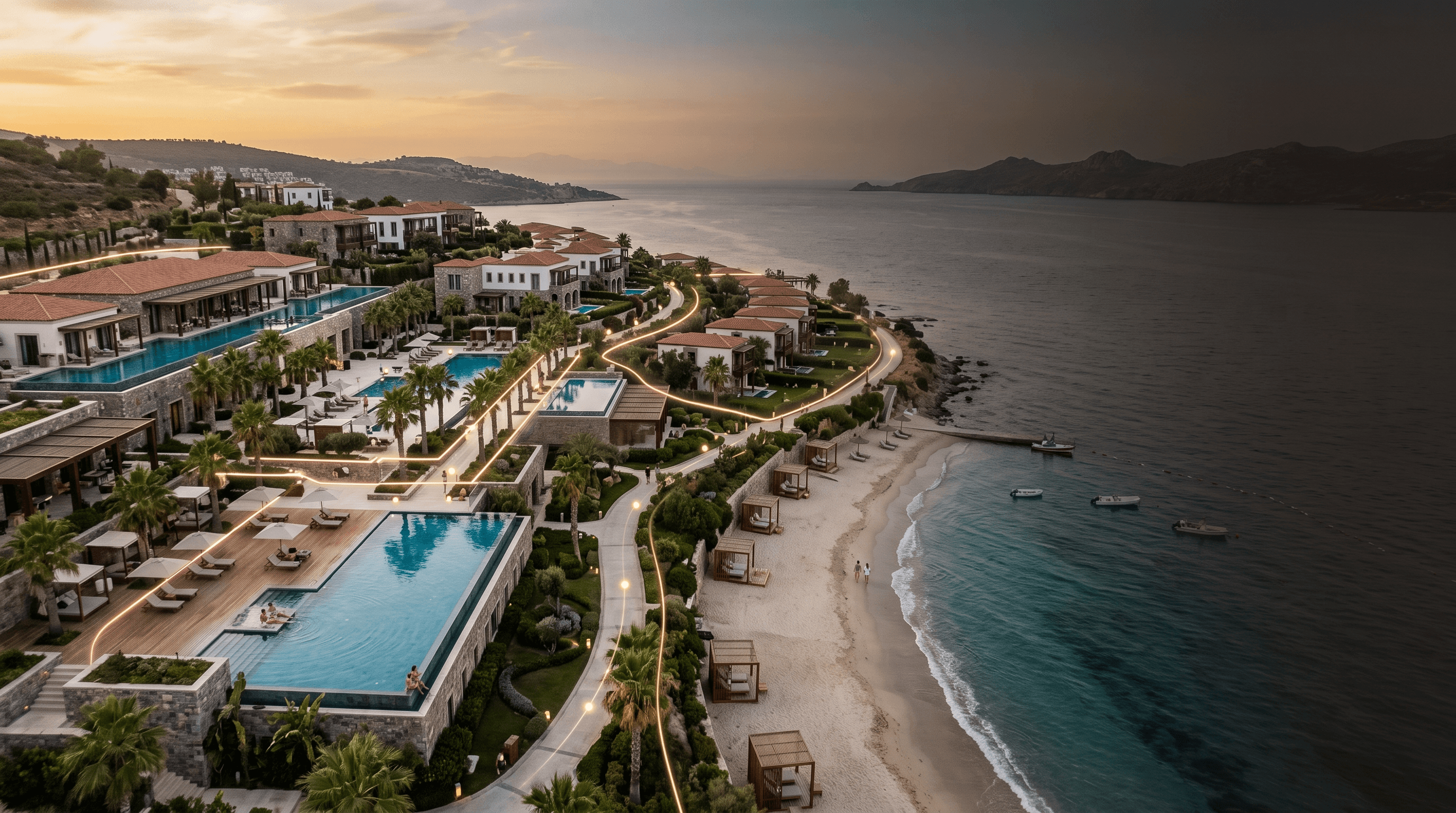 Katmanlı bölge ve misafir işaretçisi katmanlarıyla altın saatte bir tatil köyü hava görünümü
