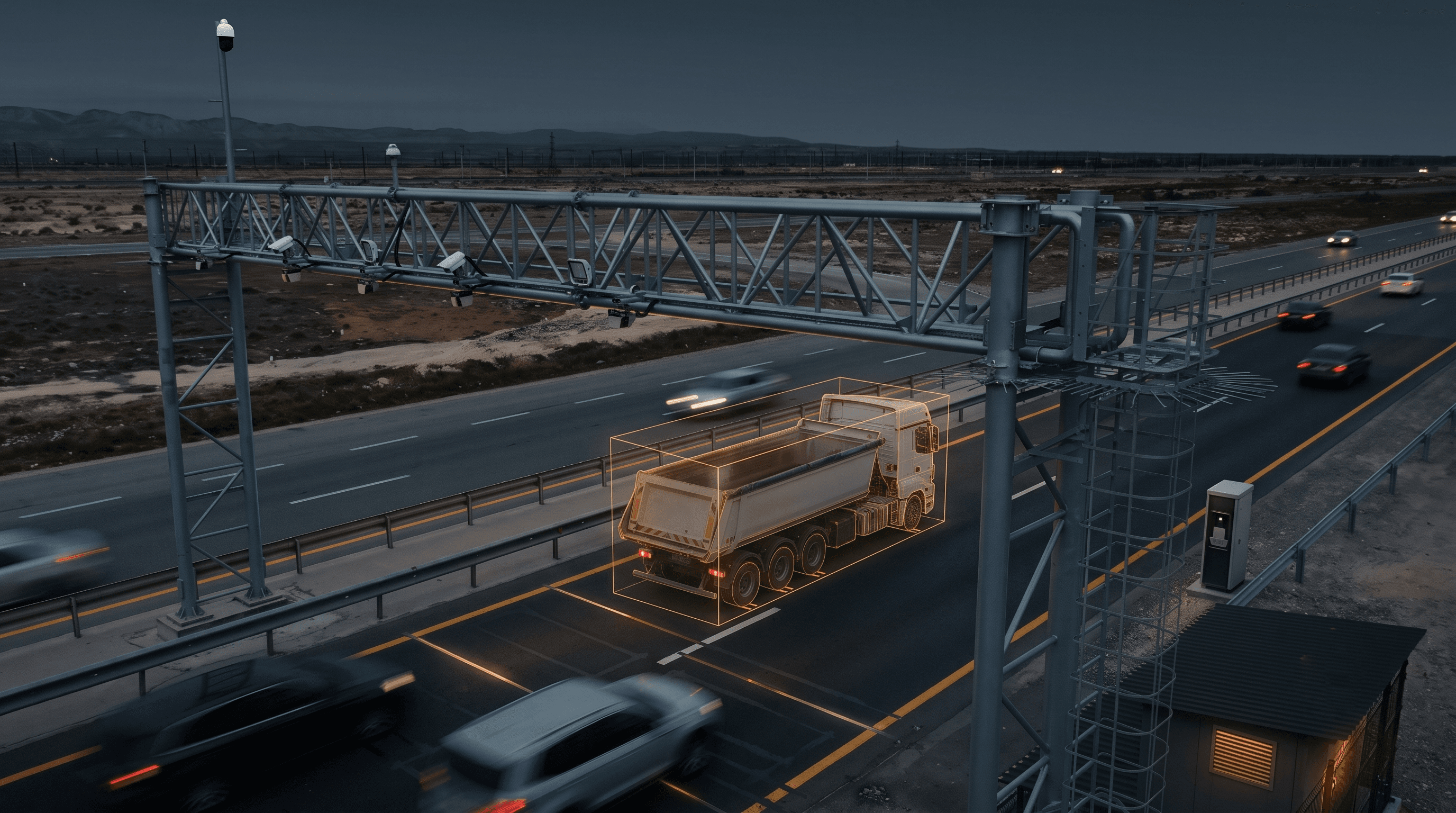 3D araç sınıflandırma çerçevesiyle vurgulanmış bir kamyonun üzerinde otoyol portal kameraları